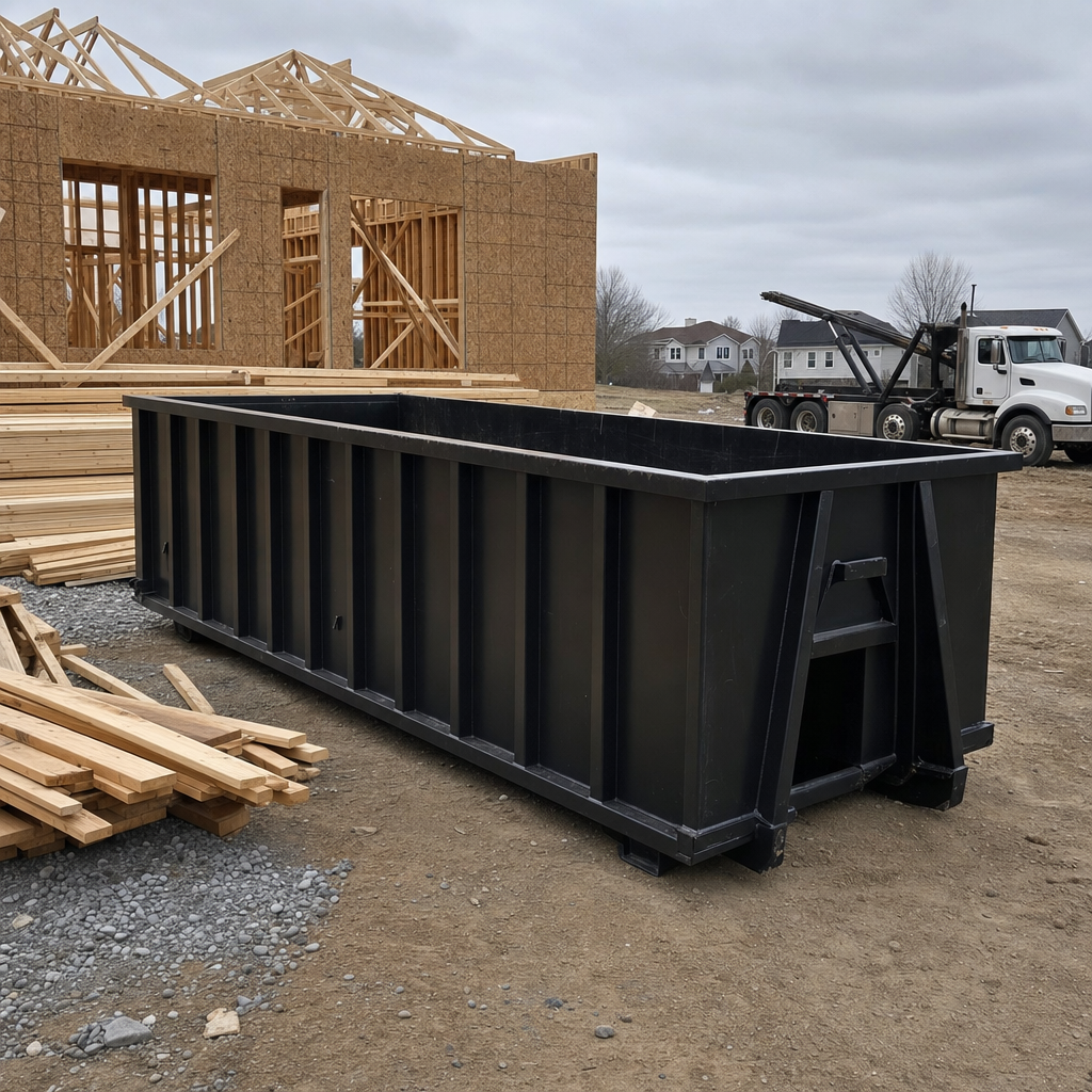 Matte-black 40-yard roll-off dumpster staged on a framed-out residential construction site in Pasco, framing lumber stacked nearby, hooklift delivery truck visible in the background under bright Colorado daylight