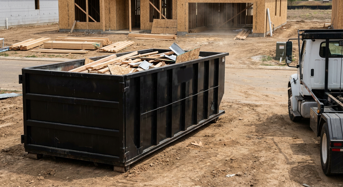 Matte-black 20-yard roll-off construction dumpster with heavy ribbed steel sidewalls and swing rear doors at a working jobsite in Pasco, sitting directly on compacted dirt with an unmarked white hauler partially visible at the far edge of the frame.