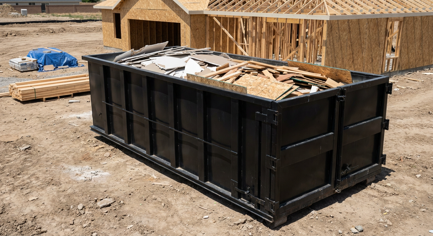 Matte-black 30-yard roll-off construction dumpster sitting directly on the compacted-dirt site of a framed single-family home build in Pasco, drywall and lumber scrap loaded inside.