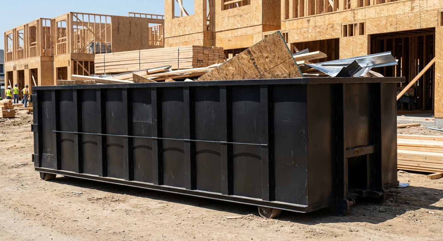 Matte-black 40-yard roll-off construction dumpster being lowered from a white-cab hooklift delivery truck onto the compacted-dirt jobsite at a commercial build site in Pasco