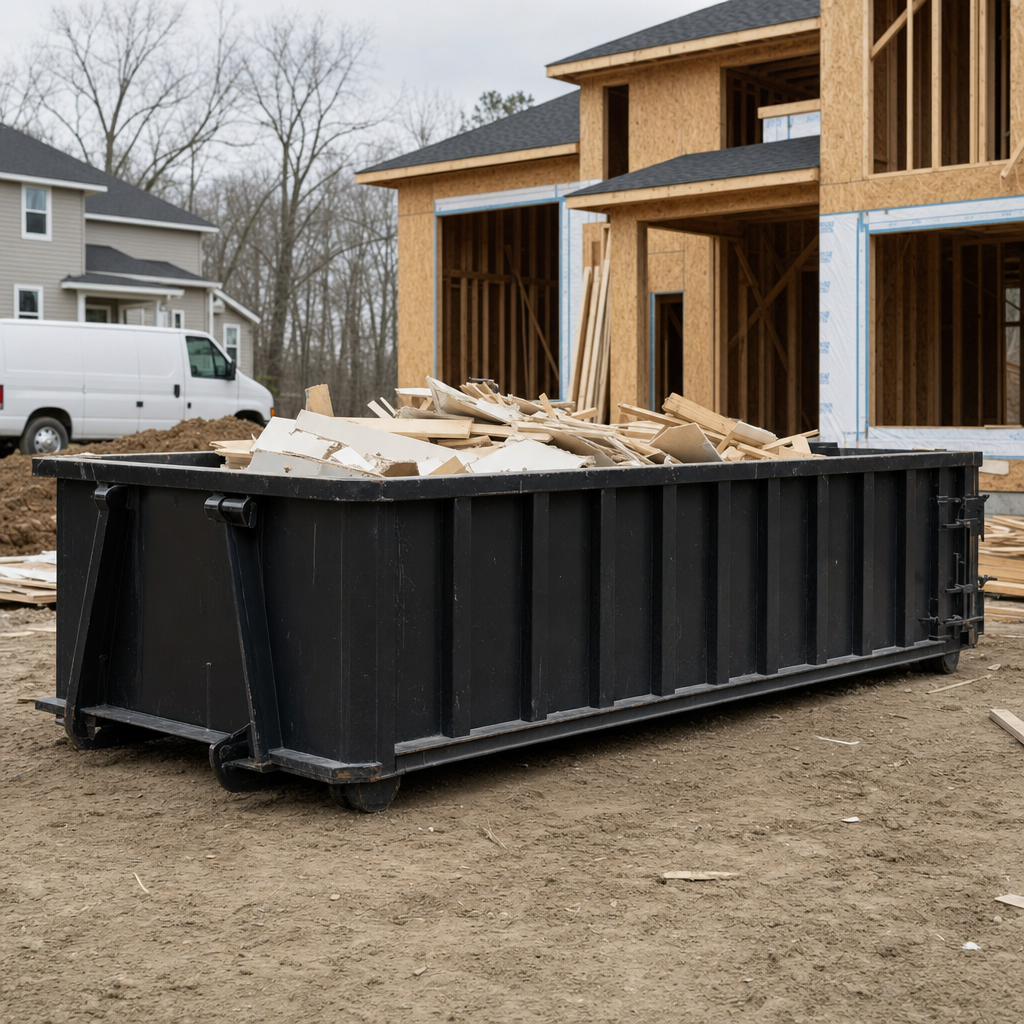 Worker in a yellow high-visibility vest tossing framing lumber and broken drywall into a matte-black 30-yard construction roll-off dumpster on an active build site in Pasco, bright daylight