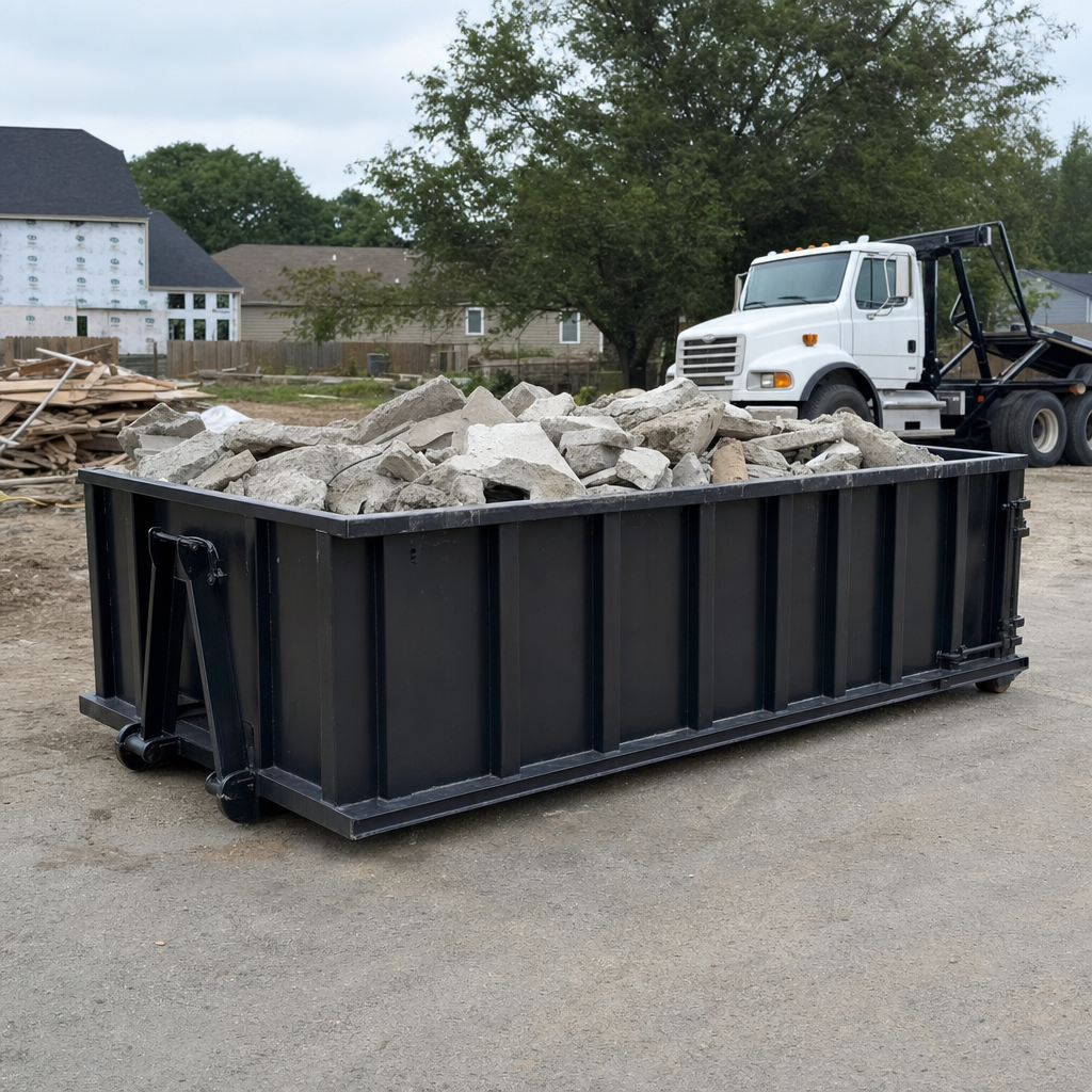 Low-profile matte-black lowboy roll-off dumpster loaded with broken concrete slab and rebar at a foundation tear-out in Pasco, skid steer parked beside it, sunny Colorado morning