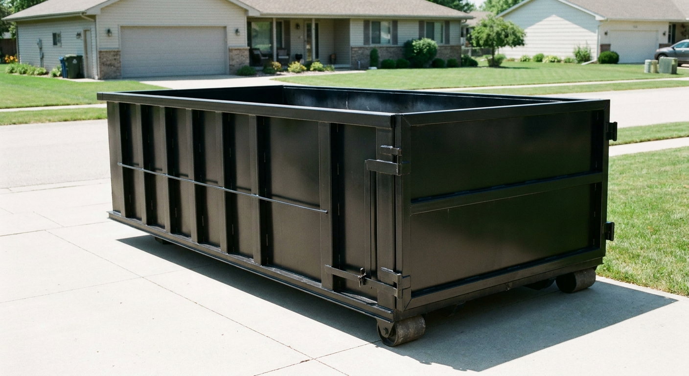 Matte-black 10-yard roll-off dumpster on a residential concrete driveway in Pasco, uniformly painted matte black across every panel and rail, ribbed steel sidewalls and rear swing door visible, mid-day daylight.