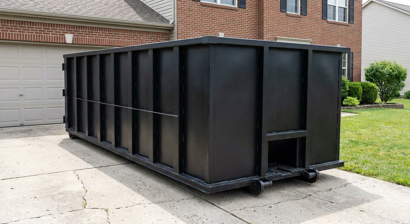 Matte-black 20-yard roll-off container on a Pasco residential concrete driveway with reinforced ribbed steel sidewalls and a hinged rear walk-in door, clean bright daylight.