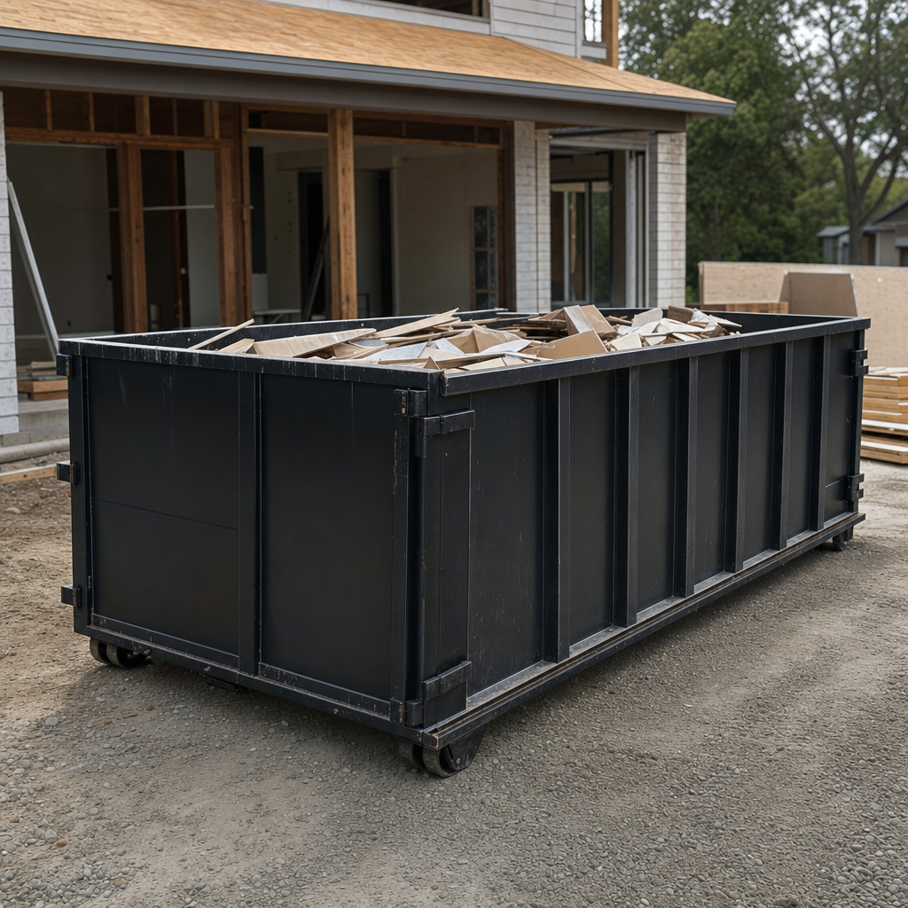 Large matte-black 30-yard construction roll-off dumpster at an active Pasco jobsite, steel-gray top rails and bottom rollers visible, loaded with construction debris.