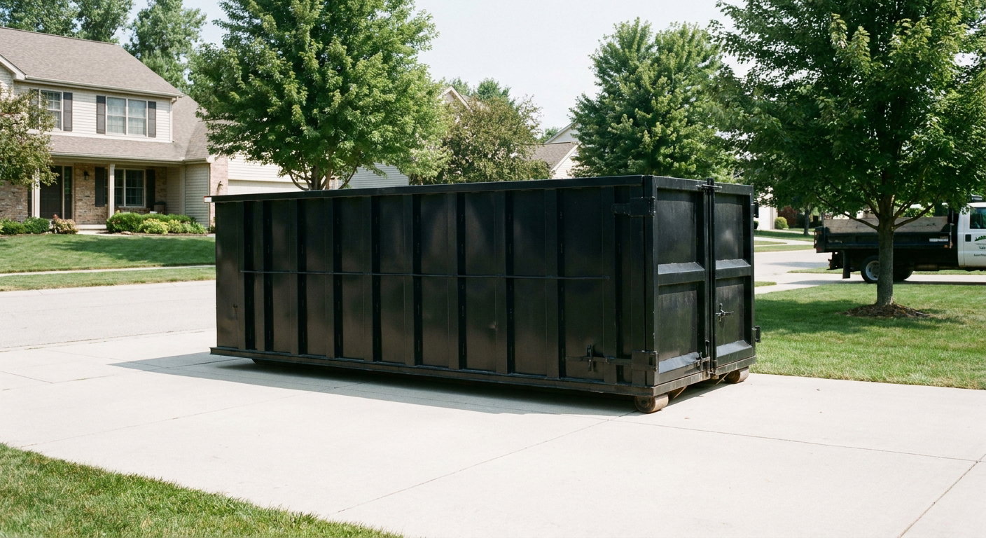 Matte-black 20-yard roll-off dumpster sitting level on a clean Pasco residential concrete driveway under bright daylight, demonstrating clean placement directly on the concrete.