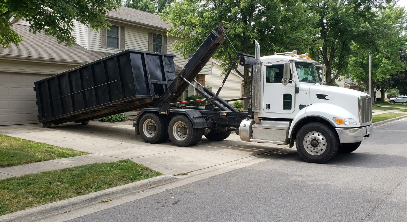 White-cab hooklift roll-off truck actively lowering a matte-black dumpster onto a Pasco residential concrete driveway, the dumpster's rear wheels touching the driveway as the hoist arm tilts the bed forward, mid-morning daylight.