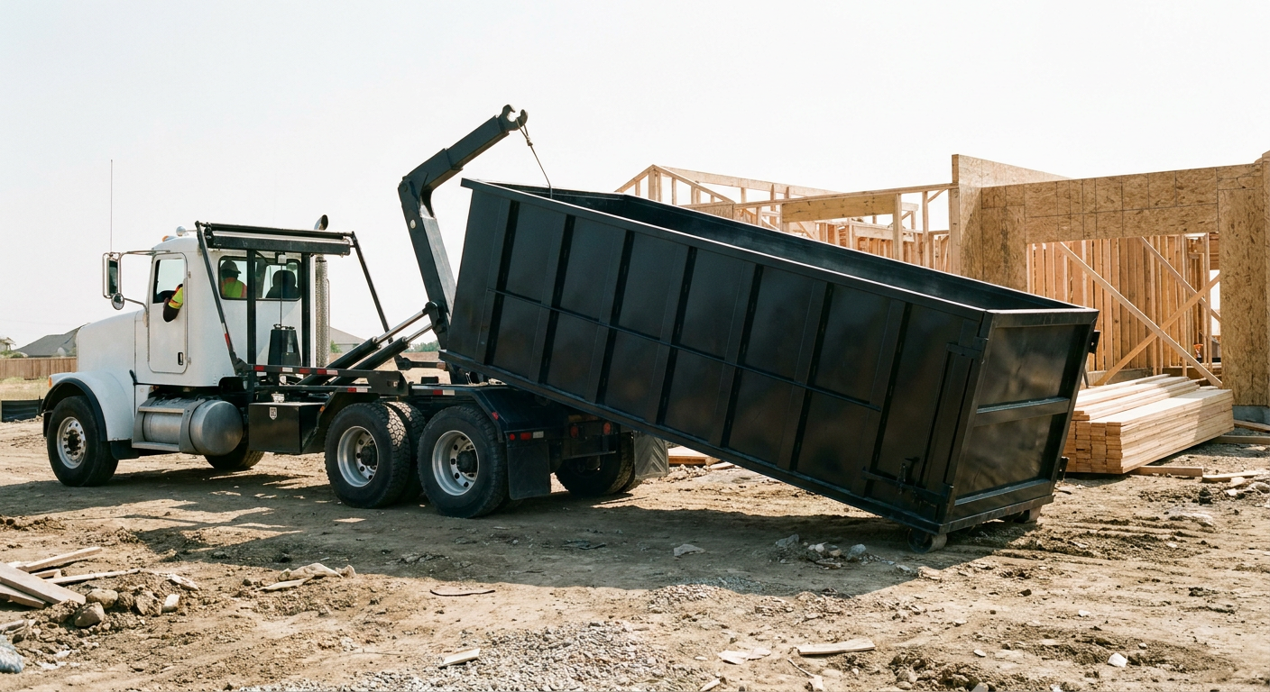 Matte-black roll-off dumpster being delivered onto a clean residential concrete driveway in Pasco by an unmarked white hooklift hauler truck, bright morning daylight, documentary 35mm perspective.