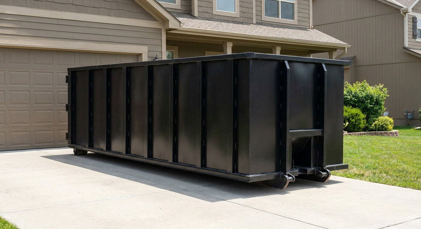 Matte-black residential roll-off dumpster sitting directly on a suburban Pasco concrete driveway, garage door closed, single-family home in background, bright morning daylight.