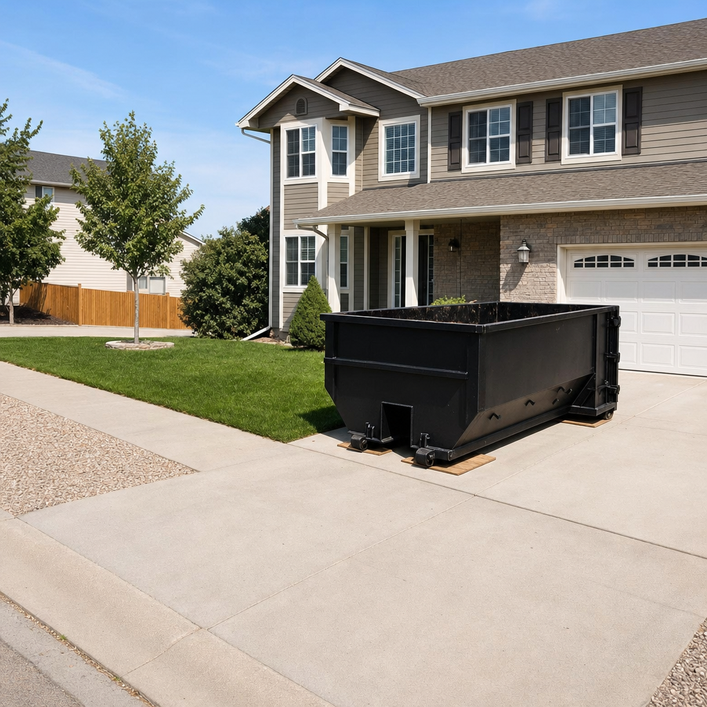10-yard matte-black residential dumpster placed directly on a narrow Pasco concrete driveway, room remains for a parked sedan beside it, mid-morning natural light