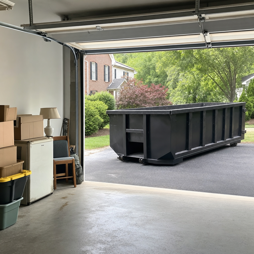 Open garage interior in a Pasco home mid-cleanout — boxed items, an old appliance, and stacked yard tools queued near the driveway for a matte-black roll-off dumpster, organized and calm