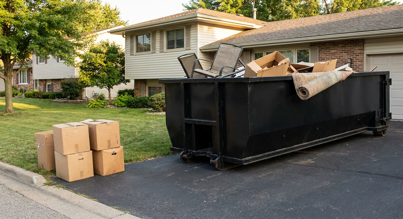 Front-yard view of a Pasco split-level home with a 20-yard matte-black roll-off dumpster sitting directly on the asphalt driveway, a few clearly labeled donation boxes staged at the curb, calm sunny afternoon.