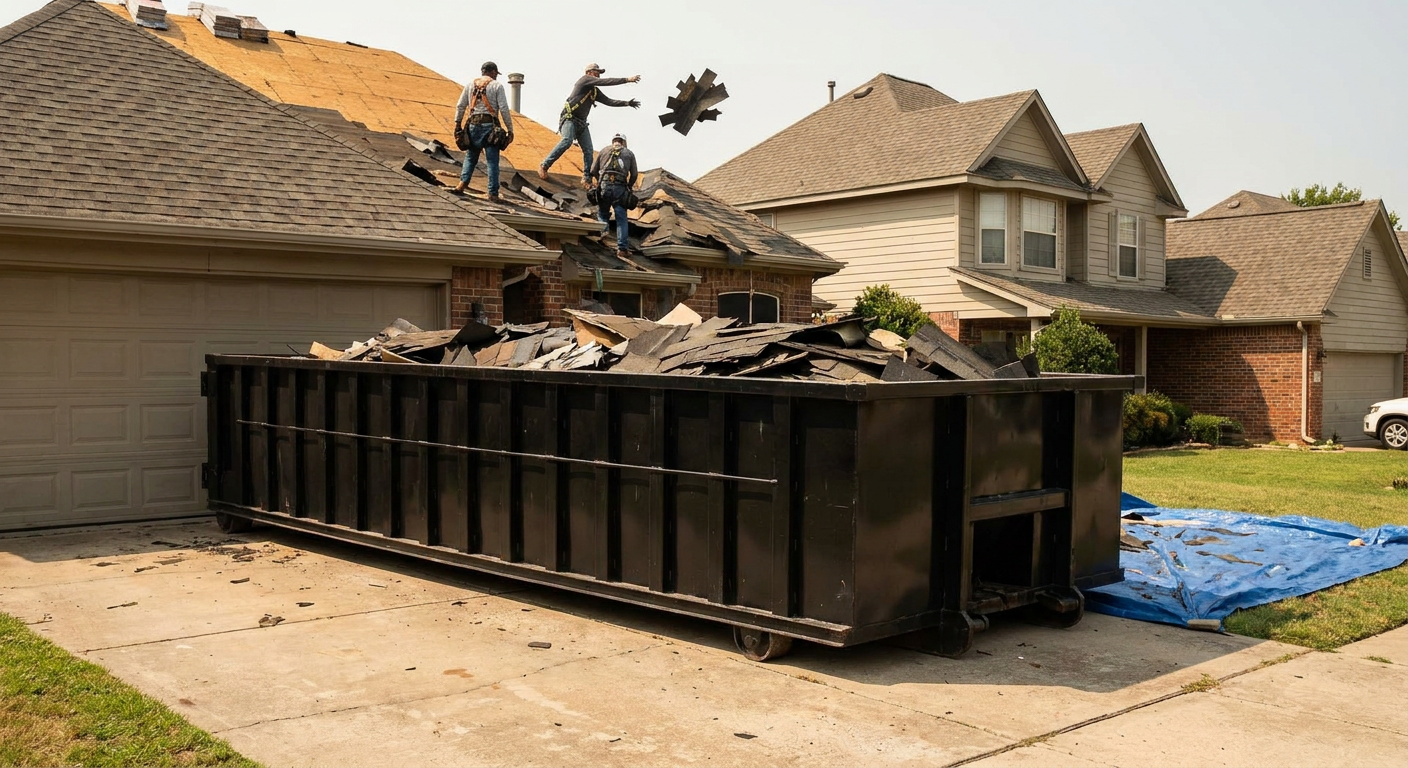 Matte-black roofing roll-off dumpster placed directly on a Pasco residential concrete driveway, a tear-off crew on a two-story asphalt-shingle roof tossing shingle bundles into the low-walled container, bright daylight, documentary 35mm perspective.