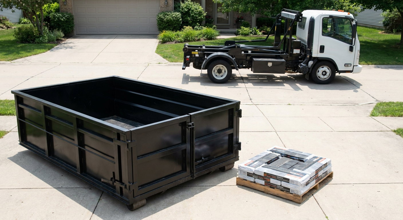 Matte-black 15-yard roofing roll-off dumpster with reinforced low side walls sitting directly on a Pasco residential concrete driveway, three-tab asphalt shingle bundles stacked nearby, an unmarked white hauler truck partially visible at the edge of the frame.