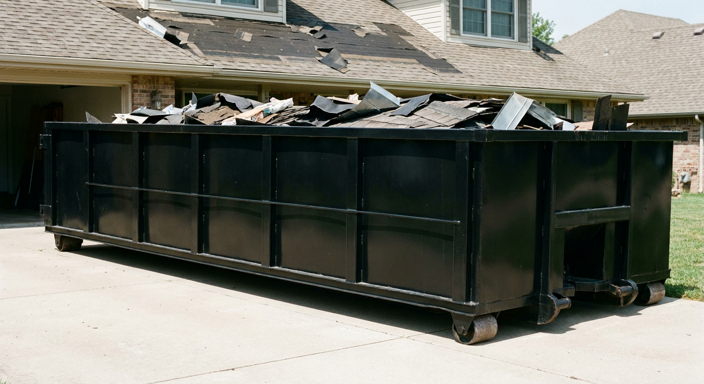 Matte-black 20-yard roofing roll-off dumpster with steel ribbed sides and swinging rear door, sitting directly on the concrete driveway of a two-story Pasco home, asphalt shingle debris being loaded over the low wall, clean documentary lighting.