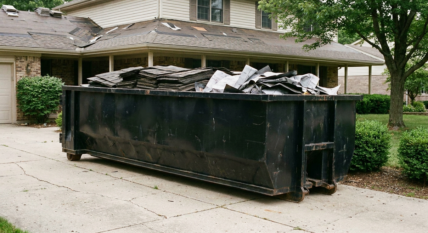 Matte-black 30-yard roofing roll-off dumpster sitting directly on a Pasco concrete driveway, taller ribbed steel side panels, mixed tear-off debris of asphalt shingles and underlayment inside, professional documentary daylight.