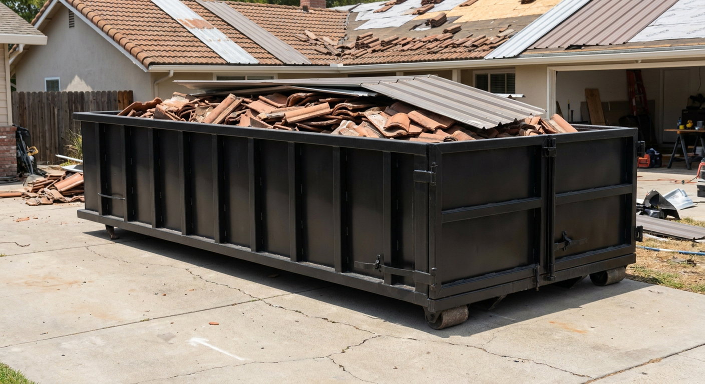 Matte-black low-wall heavy-debris roofing roll-off dumpster sitting directly on a Pasco concrete driveway, broken concrete clay roof tiles and metal panel sections loaded inside, reinforced ribbed steel side walls visible, bright outdoor daylight.