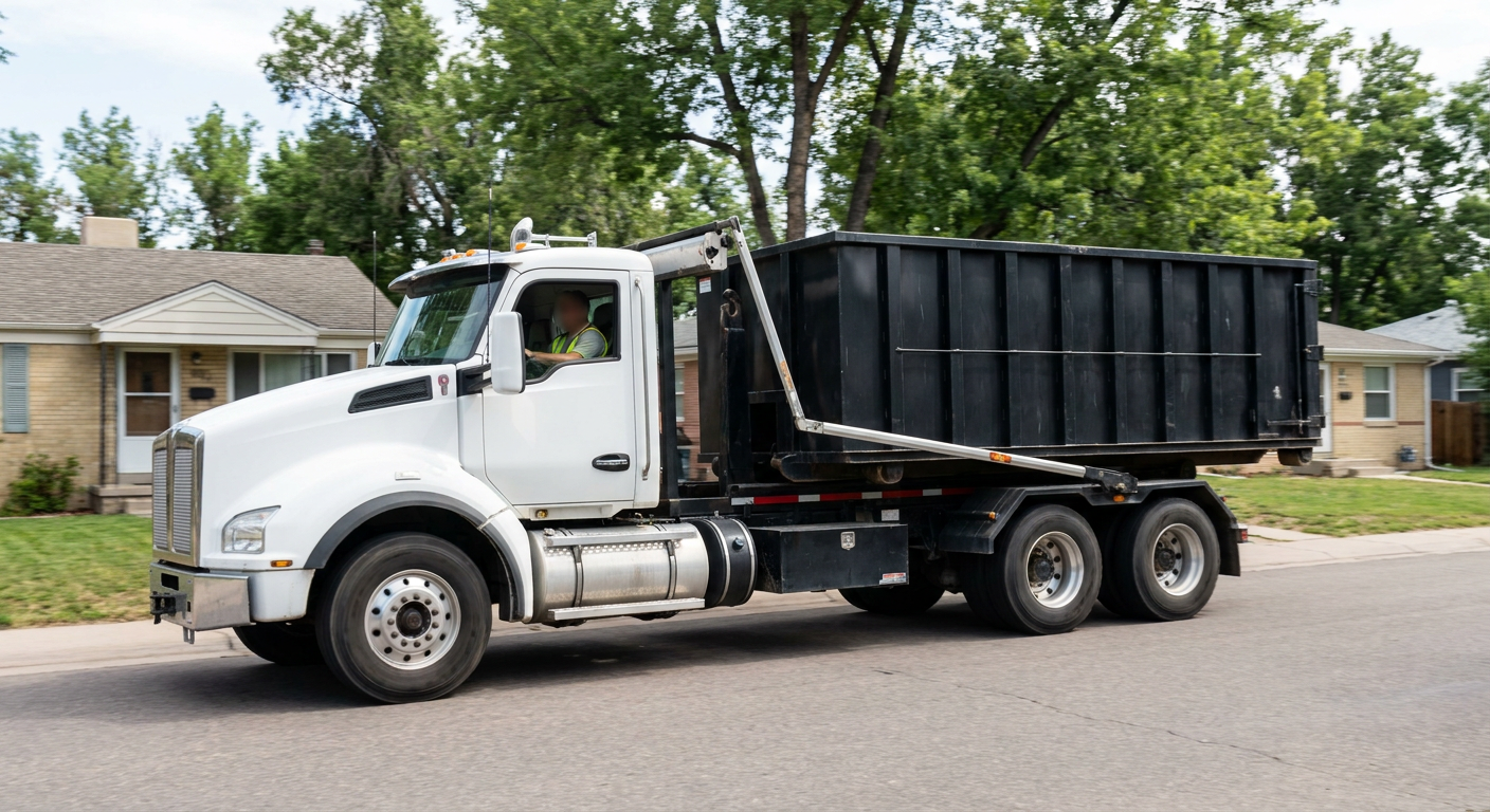 A wide documentary shot of a matte-black roll-off delivery truck pulling onto a quiet Pasco residential street at mid-morning, with neighborhood rooftops and tree-lined blocks visible behind, showing the metro coverage footprint.