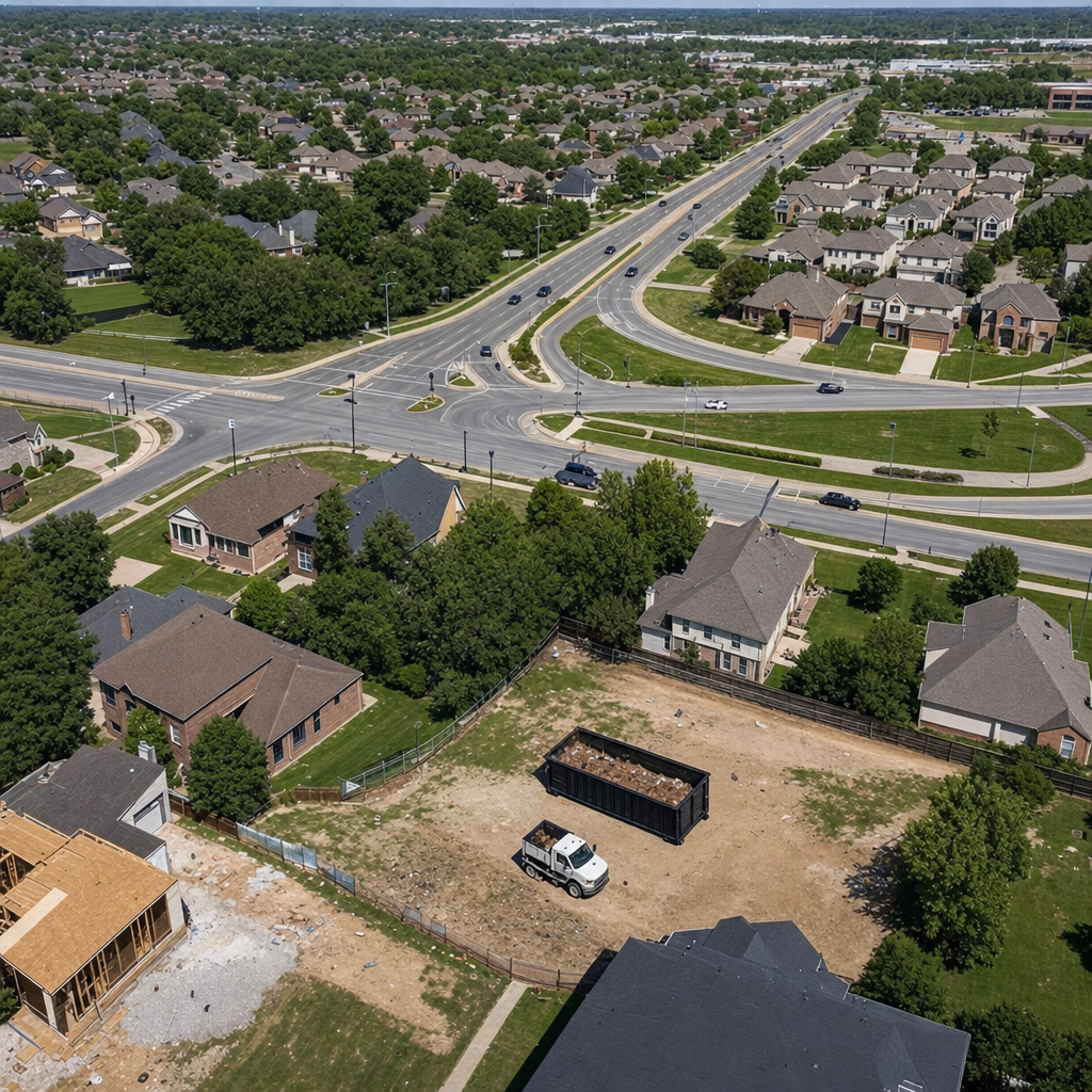 An overhead documentary view of the Pasco metro area at midday, showing the spread of neighborhoods, arterial roads, and the dispatch radius from a central yard — clean daylight, organized geographic layout.