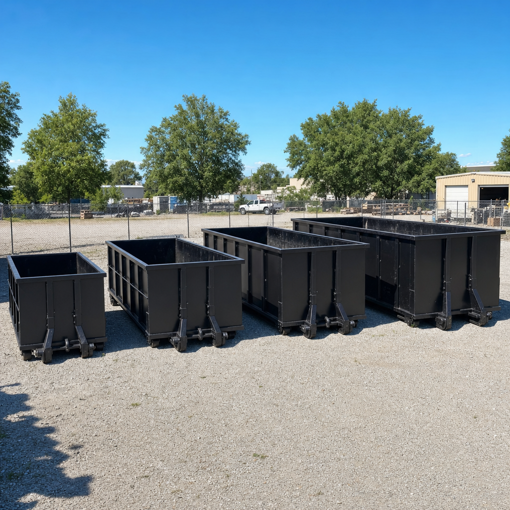 A clean lineup of matte-black roll-off dumpsters in 10, 20, 30, and 40-yard sizes staged on a sunlit gravel yard in Pasco, showing the size progression from compact to commercial-scale containers.
