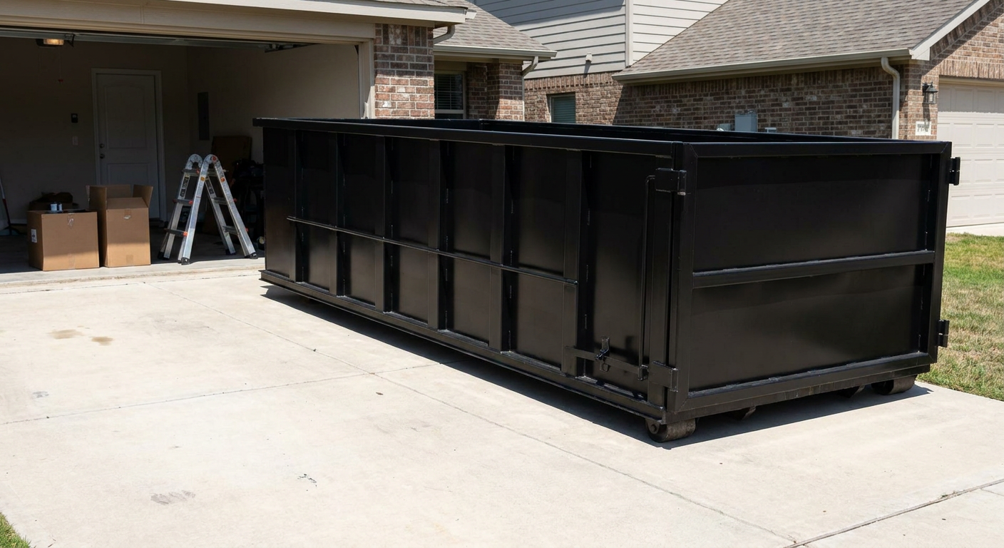 A matte-black 10-yard roll-off dumpster sitting directly on a residential Pasco concrete driveway, mid-day sunlight, clean and ready for a garage cleanout.