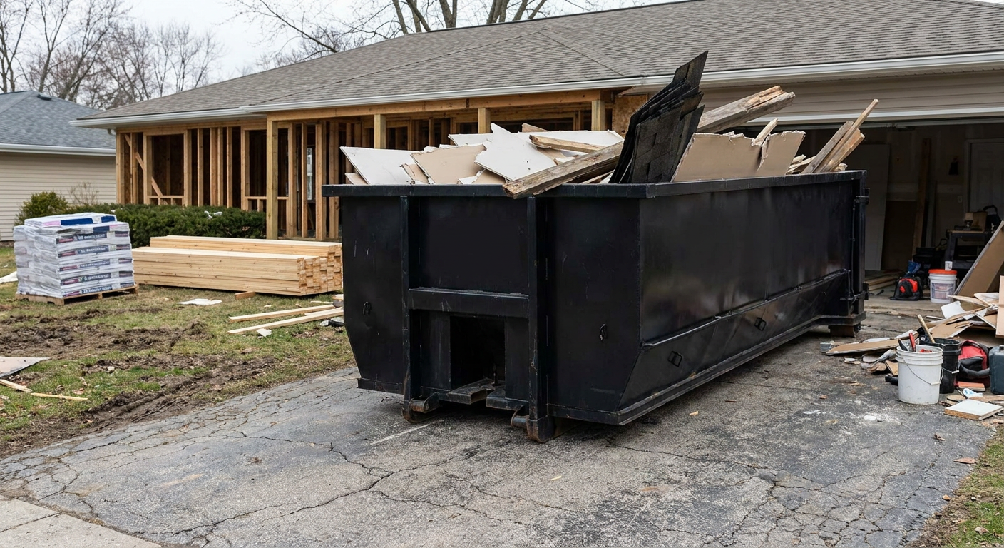 A matte-black 20-yard roll-off dumpster placed alongside a mid-renovation Pasco home directly on the asphalt driveway, with framing materials and torn-off shingles staged neatly nearby.