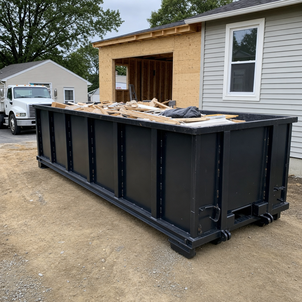 A matte-black 30-yard roll-off dumpster positioned at a Pasco residential addition jobsite, with framing lumber and drywall scraps loaded through the open swinging rear doors.