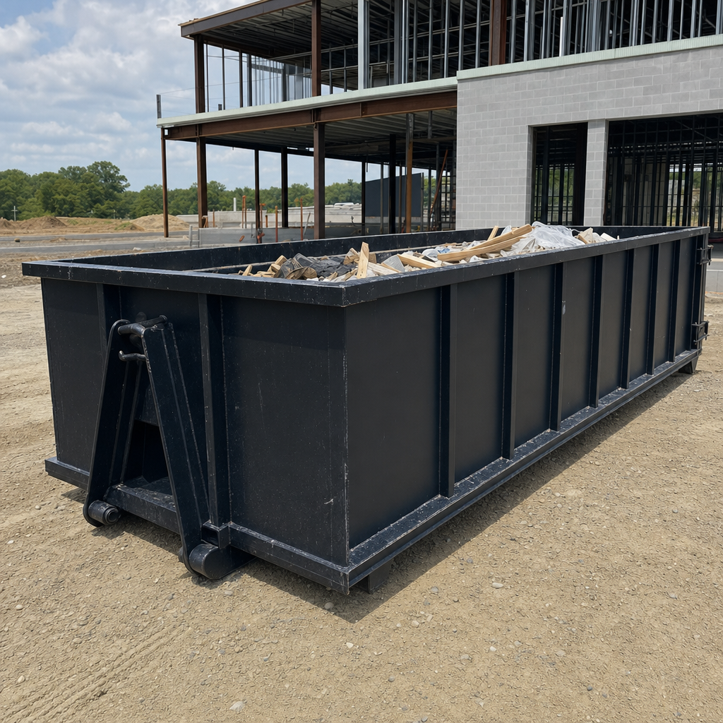 A matte-black 40-yard roll-off dumpster staged on a large Pasco commercial construction lot, with a hooklift delivery truck parked alongside under bright midday sky.