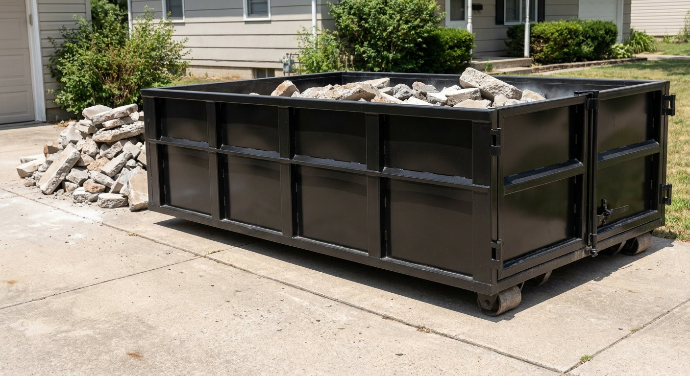 A matte-black low-side heavy-debris roll-off dumpster placed directly on a Pasco concrete driveway, with broken concrete chunks neatly stacked beside it under clean daylight.