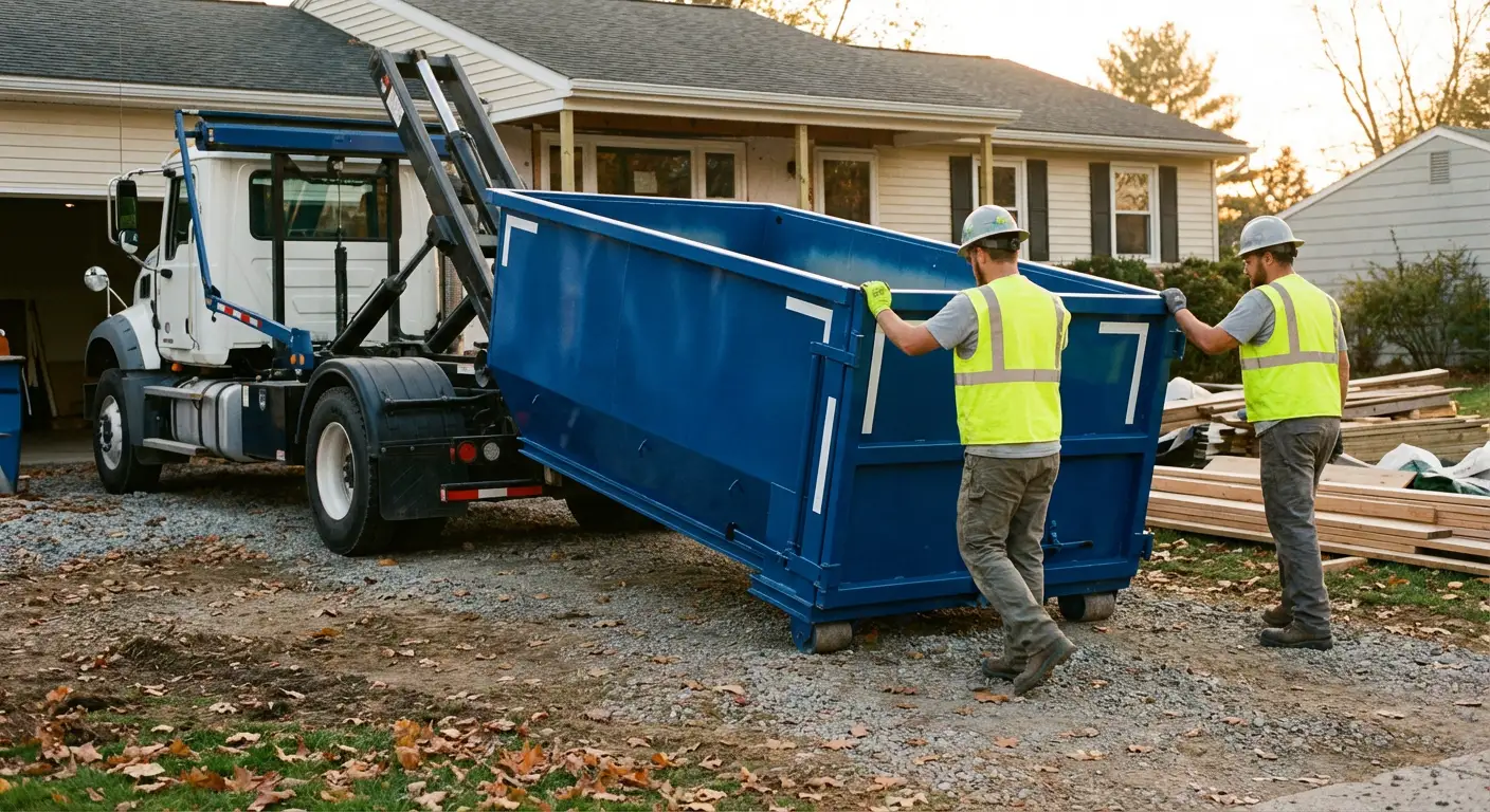 Construction dumpster delivery truck in action in Pasco, WA